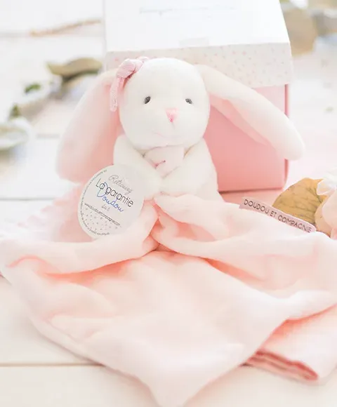 Doudou Mouchoir Lapin Rose 10 Cm Boite Fleur
