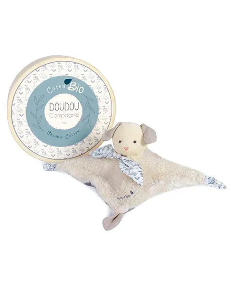 Doudou Carre Plat Chien Bleu En Coton Bio 25 Cm