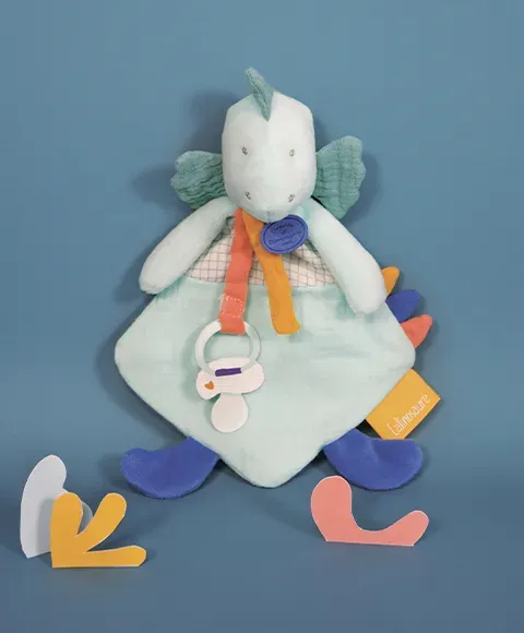 Coffret Peluche Dinosaure Vert Attache Tetine Filou 23 Cm
