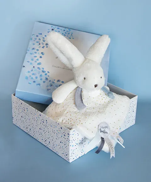 Coffret Doudou Plat Lapin Bleu Happy Glossy 25 Cm