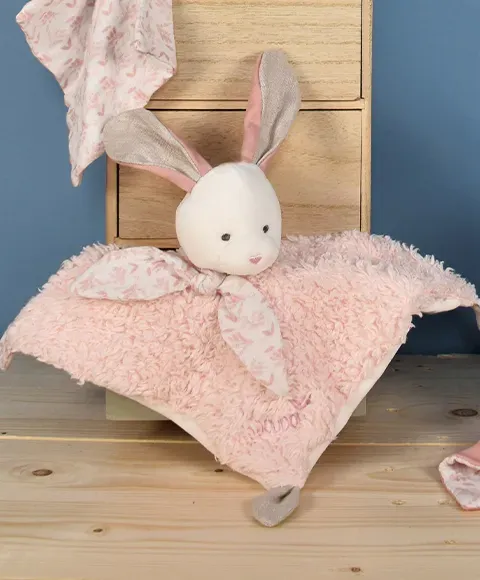 Product Doudou Carre Plat Lapin Rose En Coton Bio 25 Cm Image