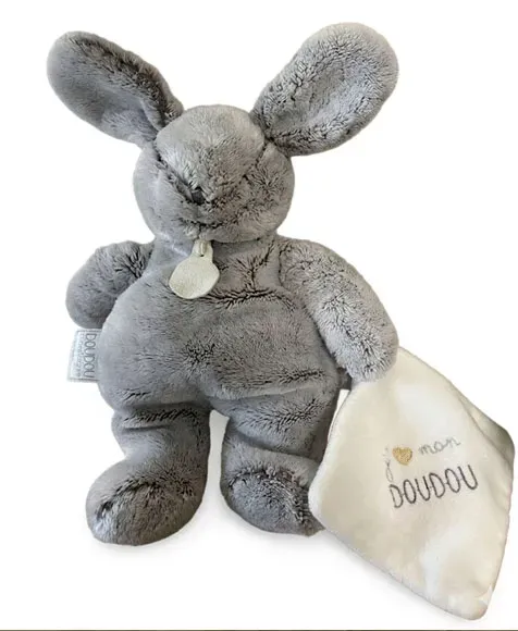 Product Peluche Lapin Gris Avec Mouchoir J Aime Mon Doudou 35 Cm Image